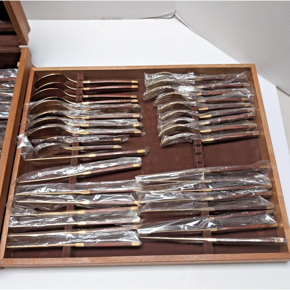 Vtg Jean Claude Brass Teak Flatware 64-Piece Incomplete Set 7 Serving Pcs & Box - Picture 8 of 16